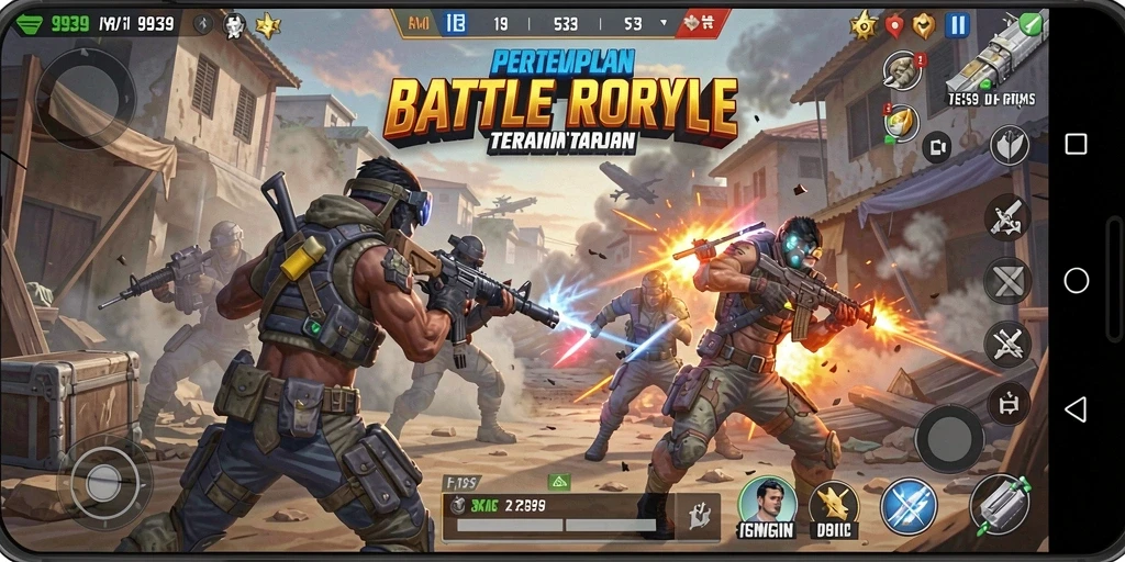 Screenshot gameplay 9939 menunjukkan pertempuran mendebarkan dalam Battle Royale.
