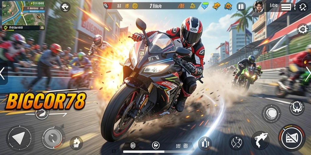 Gameplay seru balapan motor di lintasan penuh tantangan.