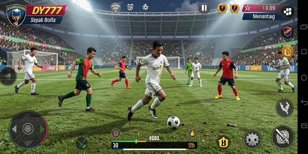 Screenshot menunjukkan pemain dalam aksi seru di lapangan sepak bola.