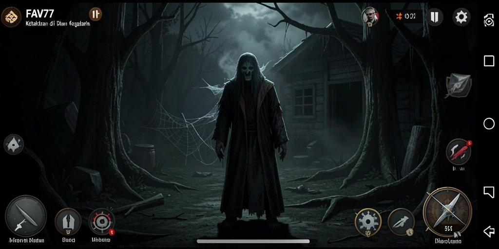 Screenshot gameplay <strong>FAV77</strong> menunjukkan suasana mencekam dan karakter yang terjebak dalam kegelapan.