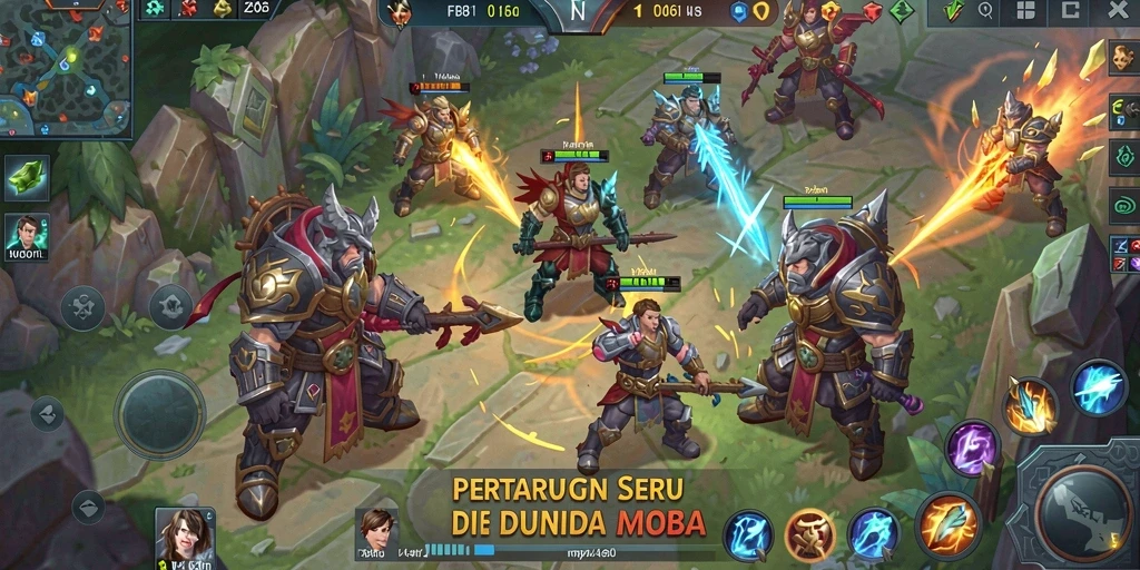 Tampilan gameplay seru dalam FB168 yang menggambarkan aksi MOBA.