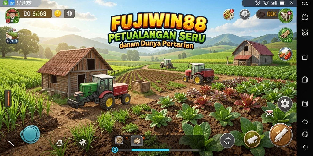 Tampilan gameplay menarik dari FUJIWIN88 dengan ladang subur dan berbagai tanaman.