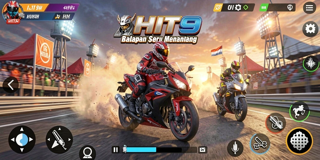 Gameplay seru HIT9 dengan aksi balapan motor yang mendebarkan.