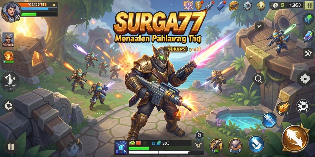 Screenshot gameplay SURGA77 yang menampilkan aksi penuh di dunia TPS.